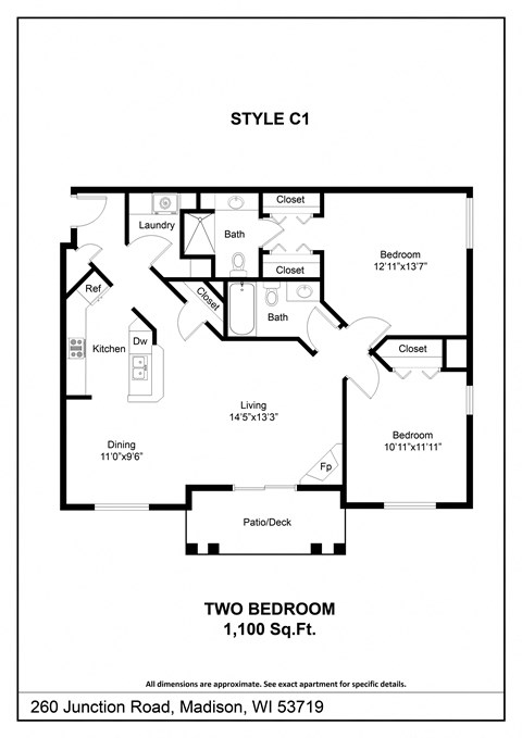 Floor plan for 2 beds, 2 baths, 1100 sqft